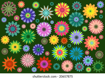 Vector illustration of multicolored funky flowers abstract pattern on green background