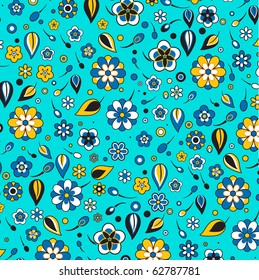 Vector illustration of multicolored funky flowers and leaves retro pattern on the blue background
