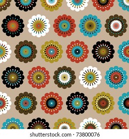 Vector illustration of multicolored funky flowers abstract pattern on brown background