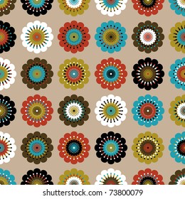 Vector illustration of multicolored funky flowers abstract pattern on brown background