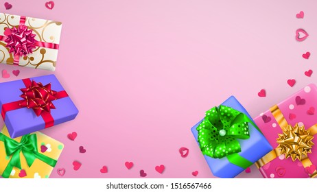 Vector illustration of multicolored gift boxes with ribbons, bows and shadows, and small hearts on pink background