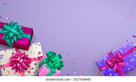 Vector illustration of multicolored gift boxes with ribbons, bows and shadows, and small shiny pieces of serpentine on purple background