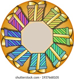 Vector illustration, multi-colored gift boxes, card with place for inscription