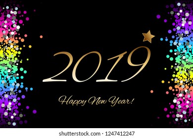 Vector illustration of Multi-colored glitter and gold star on a black background. Happy New Year 2019