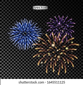 Vector illustration of multicolored lights, fireworks in the sky, isolated on a transparent background bright shining decorations for the holiday