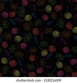 vector illustration. multicolored outlines magical mushrooms with maple leaves on black background seamless repeat pattern. best for textiles, apparels, packaging and other paper goods.