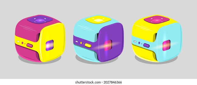 Vector illustration of  multicolored portable video projectors isolated on gray background.