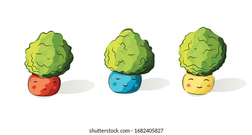 Vector illustration of multicolored pots with green bush 