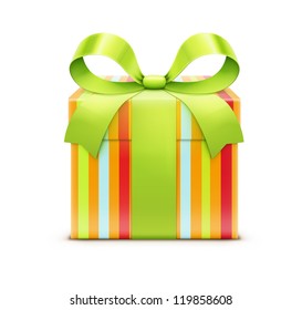 Vector illustration of multicolored present box with green bow isolated on white background.