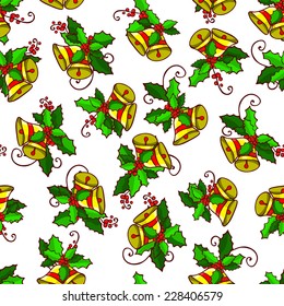 Vector illustration. Multicolored seamless pattern of bells and mistletoe