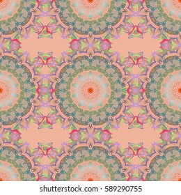 Vector illustration. Multicolored shiny ornament on beige background, damask seamless pattern, abstract shapes.