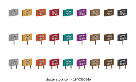 Vector Illustration Multicolored Signage Or Sign With Now Open Text On, Isolated On A White Background.