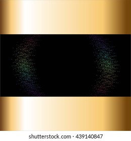 Vector illustration of Multicolored sparkles on a black background. Gold ribbons.