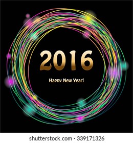 Vector illustration of Multi-colored sparkling abstract circles on a black background. Happy New Year!
