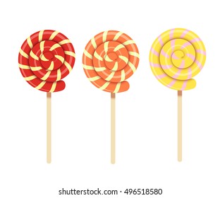 Vector illustration of multicolored spiral sweet lollipops. Fruit candy sweet dessert isolate on a white background