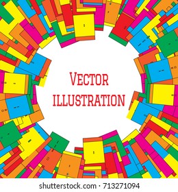 Vector illustration of multicolored squares as stickers with text box in center. Graphic banners design. Universal application