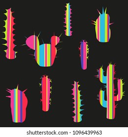 Vector illustration of multi-colored striped cactus on a black background.
