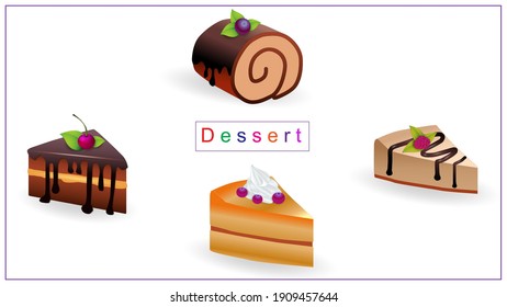 Ilustración vectorial de postres dulces multicolores. Comida, crema dulce, torta, pastelería. EPS 10.