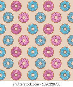 ilustración vectorial de donuts dulces multicolores. Colección de donuts con hielo, chocolate en estilo plano.
Fondo transparente del patrón
