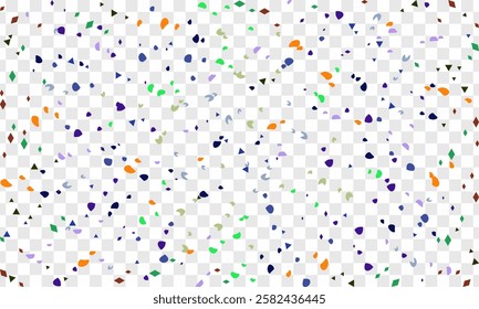 Vector illustration of Multi-colored tinsel, confetti fall from the sky on a transparent and white , blue colour background. Celebration of happy birthdays, parties, and holidays.