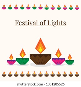 Vector Illustration of Multicolored Traditional Indian Oil Clay Lamps  Painted Colorful with flame, arranged in a row for the festival of lights, Shubh Deepavali Wishes aka  Happy Diwali Typography.