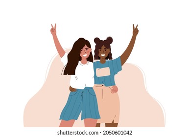 Vector illustration of multicultural girls. Multicultural friendship. Happy friendship day. Teenage girl hugging. Friends having fun. Teenage having fun. Best friends. Banner.International friendship.