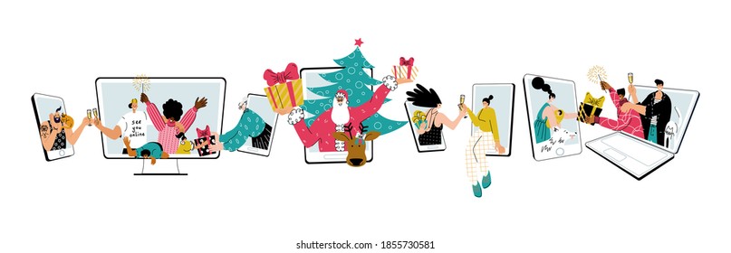 Vector illustration of multicultural happy group of people celebrating Holidays Christmas and New Year. Santa, families and friends greet online from screens of smartphone, laptop, desktop computer.
