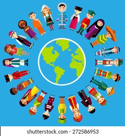  Vector illustration of multicultural national children, people on planet earth Set of international people in traditional costumes around the world