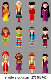  Vector illustration of multicultural national children, people in  traditional costumes Set of international man, boys dressed in national clothes