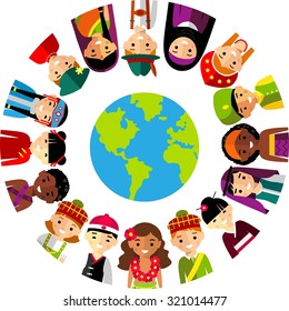  Vector illustration of multicultural national children, people on planet earth. Set of international people in traditional costumes around the world