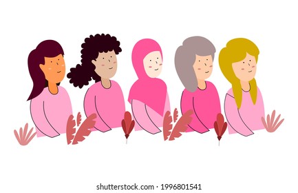 Vector illustration of multicultural women, women of different cultures and ethnicities peacefully side by side, women's support movement, brotherhood and friendship in women's differences
