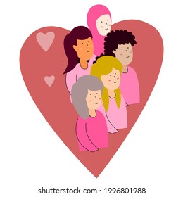 Vector illustration of multicultural women, women of different cultures and ethnicities peacefully side by side, women's support movement, brotherhood and friendship in women's differences
