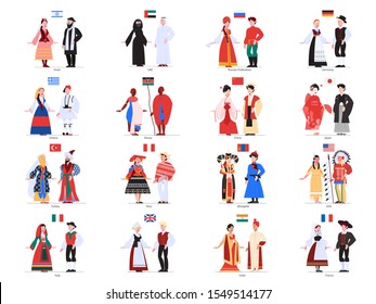 Vector illustration of multiculture people standing in their national costumes. Male and female pair wearing traditional ethnic clothes. People in their historical costume set
