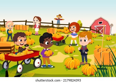 A vector illustration Multi  ethnic Children Doing Pumpkin Patch 