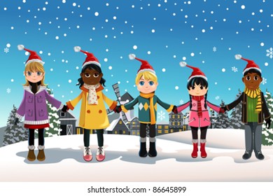 A vector illustration of multi-ethnic children holding hands celebrating Christmas