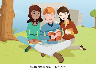 A vector illustration of  multi-ethnic college students studying outdoor on the grass 