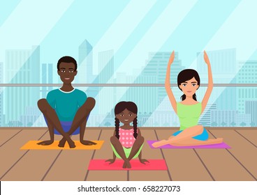 Vector illustration of the multi-ethnic family meditating in fitness room on the city background.