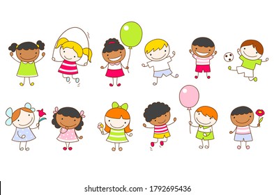 Vektorgrafik mit multiethnischen Gruppen von Kindern. Mehrethnische Kinder werden gestellt. Gruppe fröhlicher Jungen und Mädchen. Skizze im Doodle-Stil. EPS8