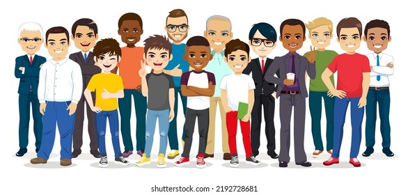 Vector illustration of multiethnic multicultural group of different casual men standing together