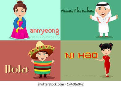 A vector illustration of multi-ethnic people from different cultures saying hello 