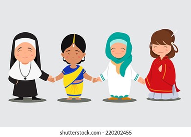 A vector illustration of multiethnic people holding hands together