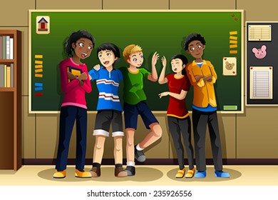 A vector illustration of multi-ethnic students in the classroom