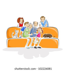 vector illustration of multi-generation family sitting in sofa