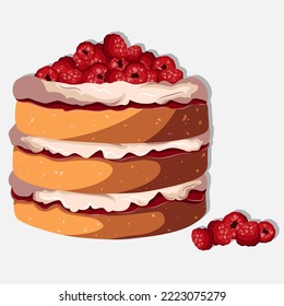 Vector illustration of multilayer cake with raspberry and custard cream isolated on white. Bakeries, Happy Birthday, cafe, confectionery, clipart, dessert concept.