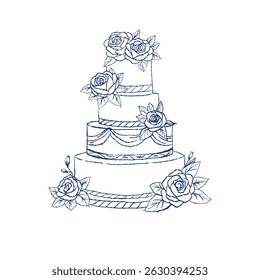 Vector illustration of a multi-layered wedding cake decorated with blooming roses and ribbon elements. Drawn in blue outline style, perfect for wedding invitations and packaging.