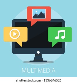 Vector illustration of multimedia files and social media with "multimedia" communication concept