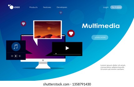 Vector illustration of multimedia files and social media with "multimedia" communication concept