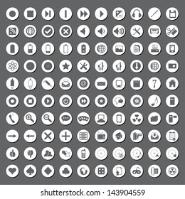 Vector illustration of multimedia icons in white circles.