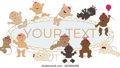 Ilustración vectorial de bebés multinacionales saltando sobre un trampolín. Niños y niñas niños niños desnudos y felices en pañales se divierten jugando. Fondo con espacio de copia