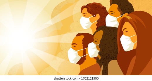 Vector illustration of multinational group of people in medical mask look into the future with hope. Coronavirus COVID-19 pandemia concept.